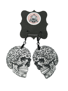 Engraved Skull Acrylic Dangle Earrings