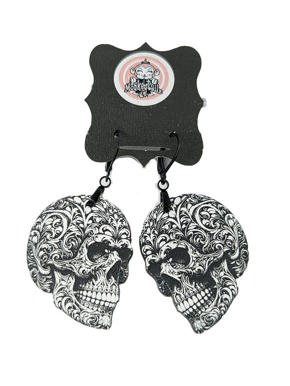 Engraved Skull Acrylic Dangle Earrings